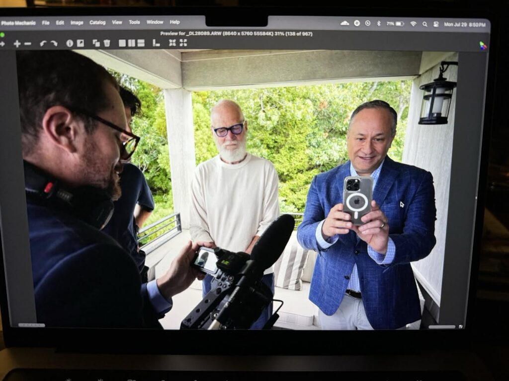 Second Gentleman Doug Emhoff and Davide Letterman film a social video for Kamala Harris's 2024 presidential campaign.